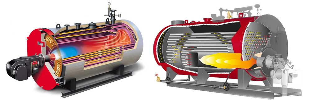 مقایسه شماتیک یک بویلر آب داغ با یک بویلر بخار